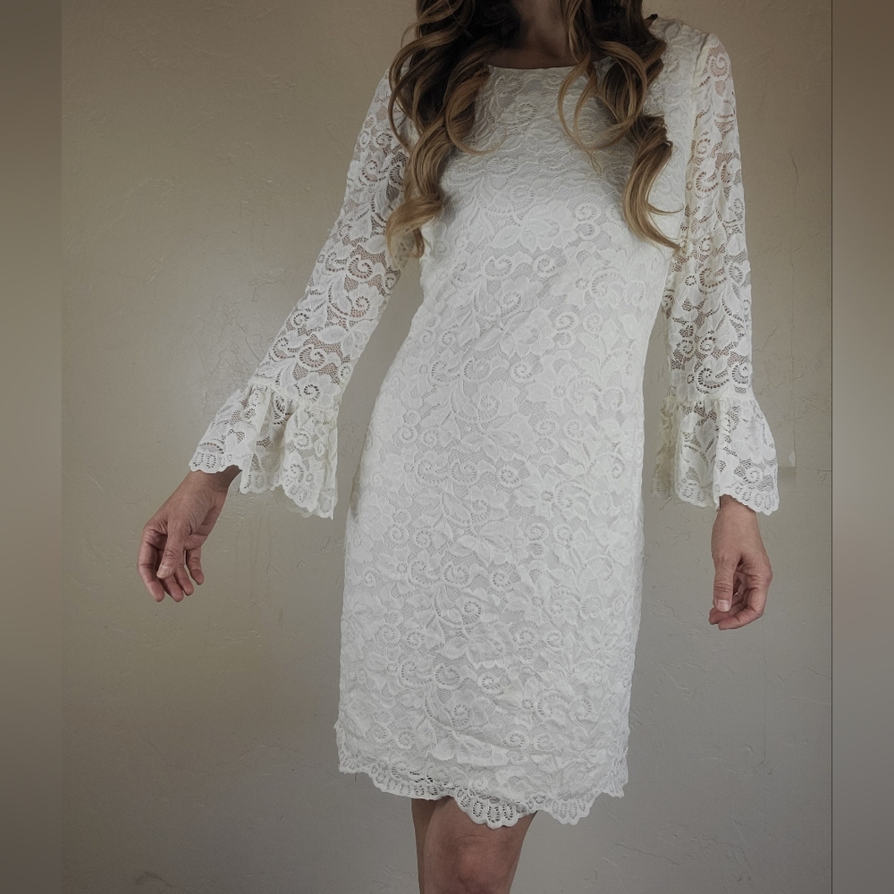 Laundry by Design White Cream Floral Lace Bell Sleeve Classy Party Dress Size M